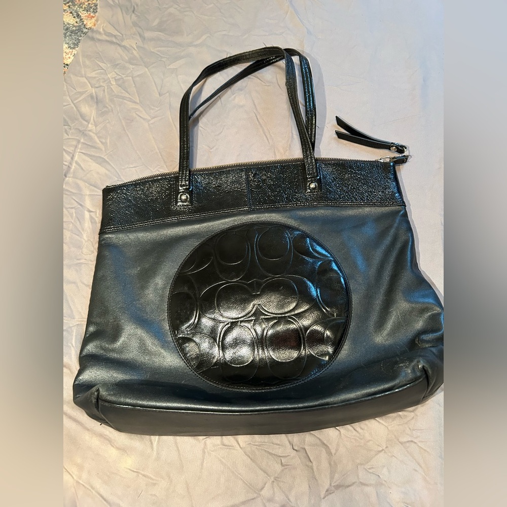 Coach Black Leather Tote Bag Signature Embossed Patch Zip Top Shoulder Purse